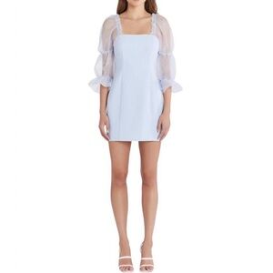 Amanda Uprichard Tia Dress Light Blue Puff Sleeve Square Neck Mini Size Small